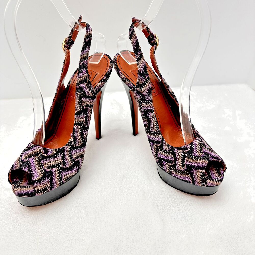 MISSONI Purple Black Fabric Slingback Peep Toe Platform Stiletto Heels Sz 36.5